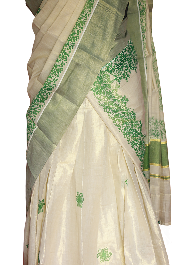 Green Floral Printed, Designer Kerala Tissue Kasavu Half Saree/Dhavani Set