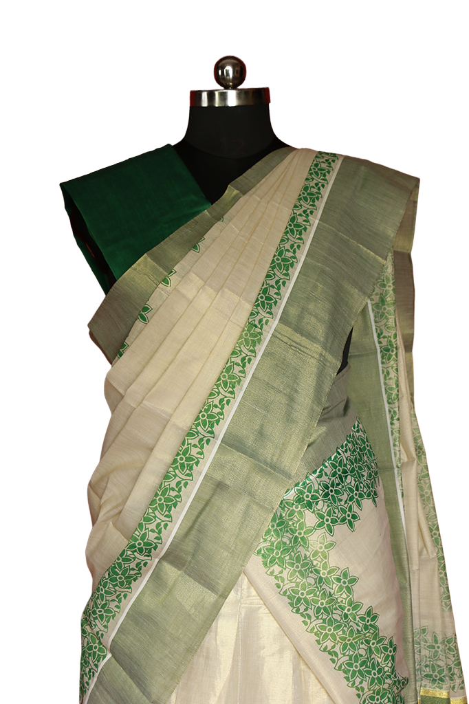 Green Floral Printed, Designer Kerala Tissue Kasavu Half Saree/Dhavani Set