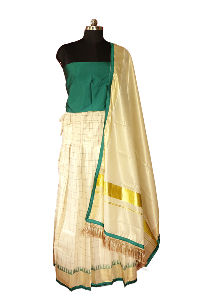 Checked Green Temple Bordered Kerala Tissue Kasavu Saree / Dhavani Set