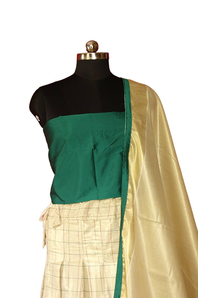 Checked Green Temple Bordered Kerala Tissue Kasavu Saree / Dhavani Set