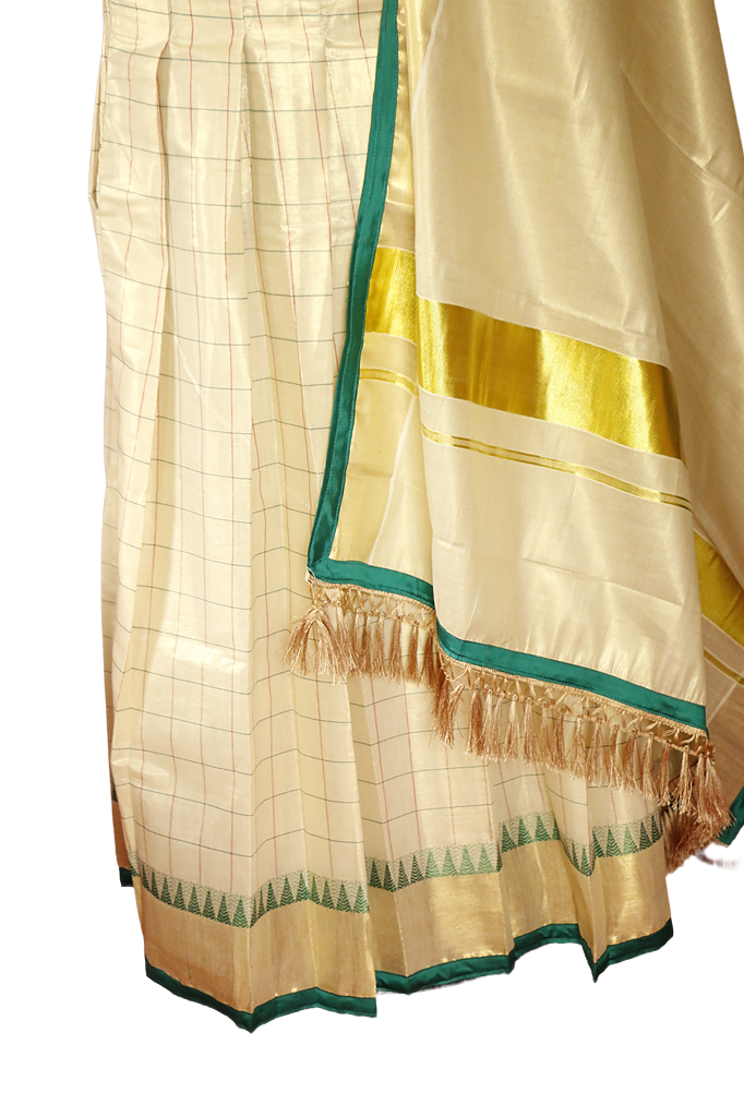 Checked Green Temple Bordered Kerala Tissue Kasavu Saree / Dhavani Set