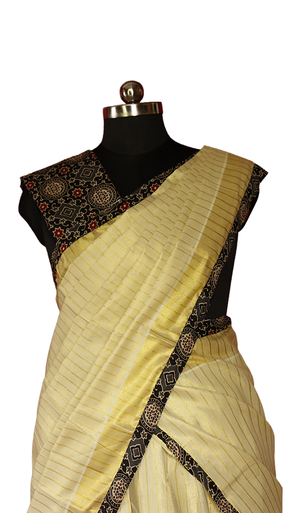 Ajrakh Bordered, Striped Kerala Tissue Kasavu Half Saree / Dhavani Set