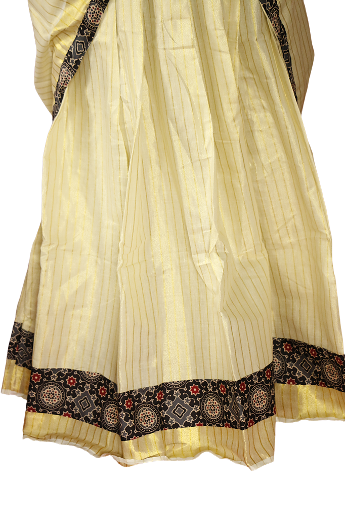 Ajrakh Bordered, Striped Kerala Tissue Kasavu Half Saree / Dhavani Set