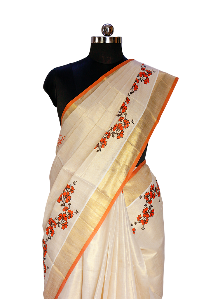 Orange Floral Mural Print Golden Tissue Saree