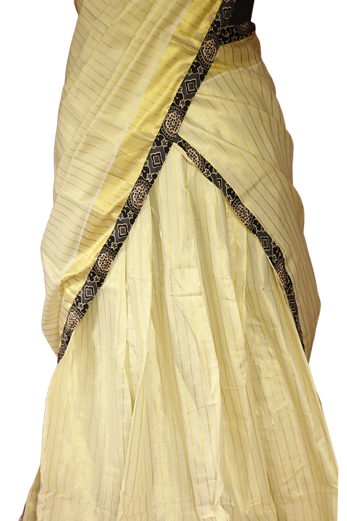 Ajrakh Bordered, Striped Kerala Tissue Kasavu Half Saree / Dhavani Set