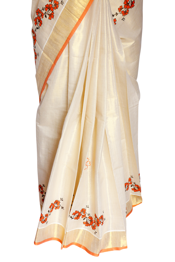 Orange Floral Mural Print Golden Tissue Saree