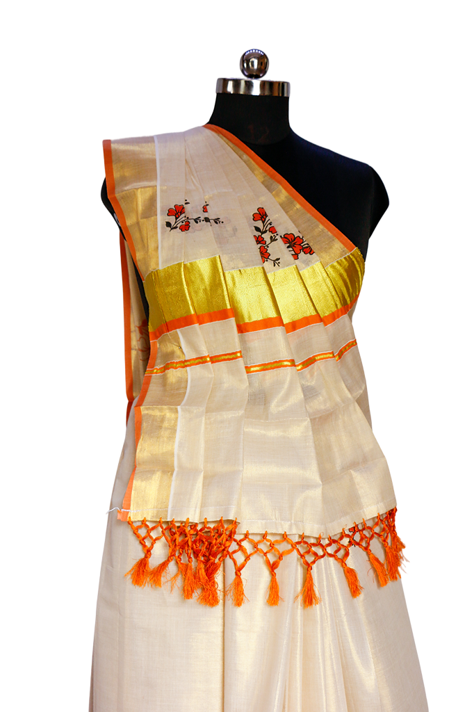 Orange Floral Mural Print Golden Tissue Saree