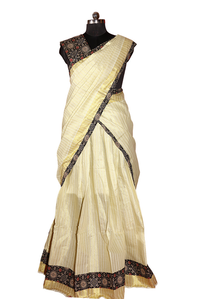 Ajrakh Bordered, Striped Kerala Tissue Kasavu Half Saree / Dhavani Set