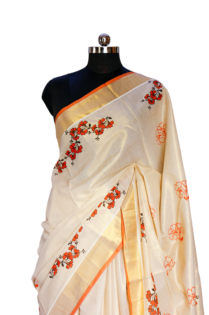 Orange Floral Mural Print Golden Tissue Saree