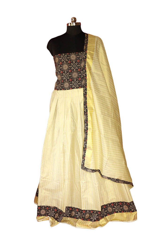 Ajrakh Bordered, Striped Kerala Tissue Kasavu Half Saree / Dhavani Set