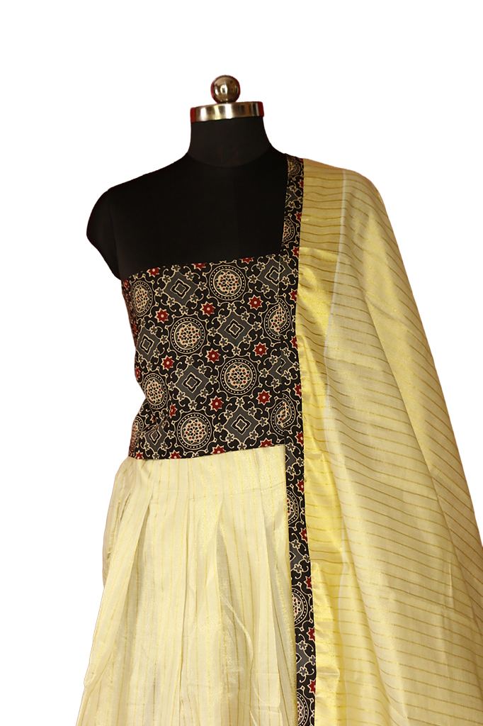 Ajrakh Bordered, Striped Kerala Tissue Kasavu Half Saree / Dhavani Set