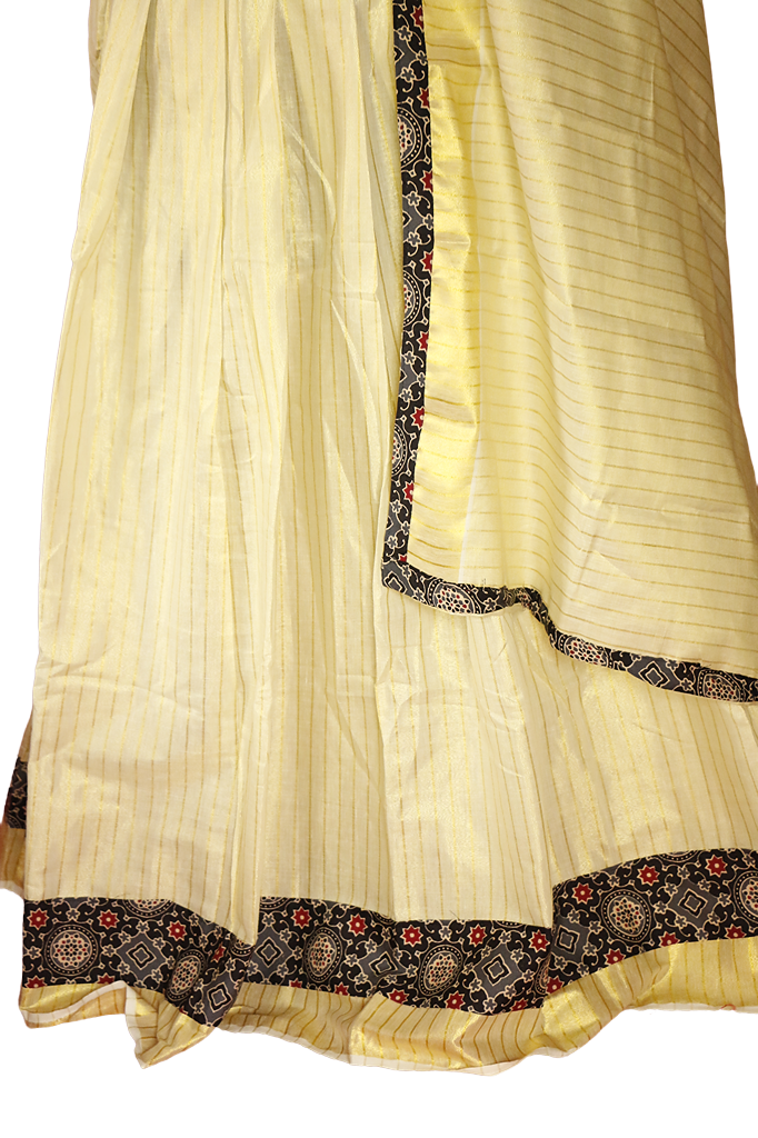 Ajrakh Bordered, Striped Kerala Tissue Kasavu Half Saree / Dhavani Set