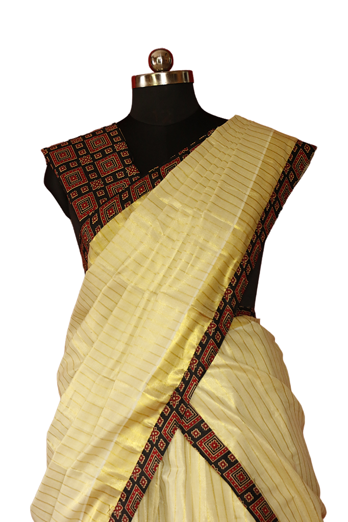 Ajrakh Bordered, Striped Kerala Tissue Kasavu Half Saree / Dhavani Set