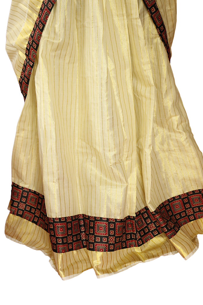 Ajrakh Bordered, Striped Kerala Tissue Kasavu Half Saree / Dhavani Set