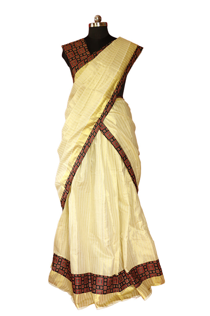 Ajrakh Bordered, Striped Kerala Tissue Kasavu Half Saree / Dhavani Set