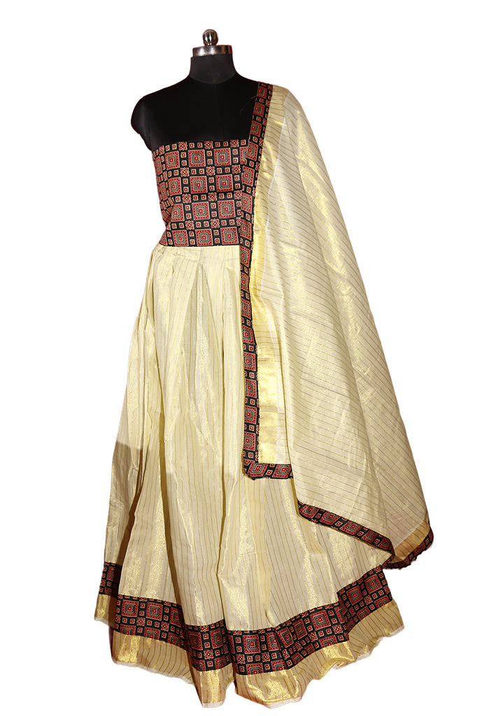 Ajrakh Bordered, Striped Kerala Tissue Kasavu Half Saree / Dhavani Set