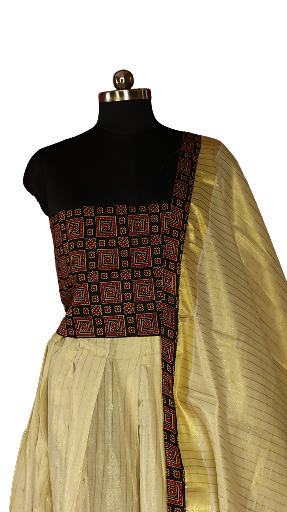 Ajrakh Bordered, Striped Kerala Tissue Kasavu Half Saree / Dhavani Set