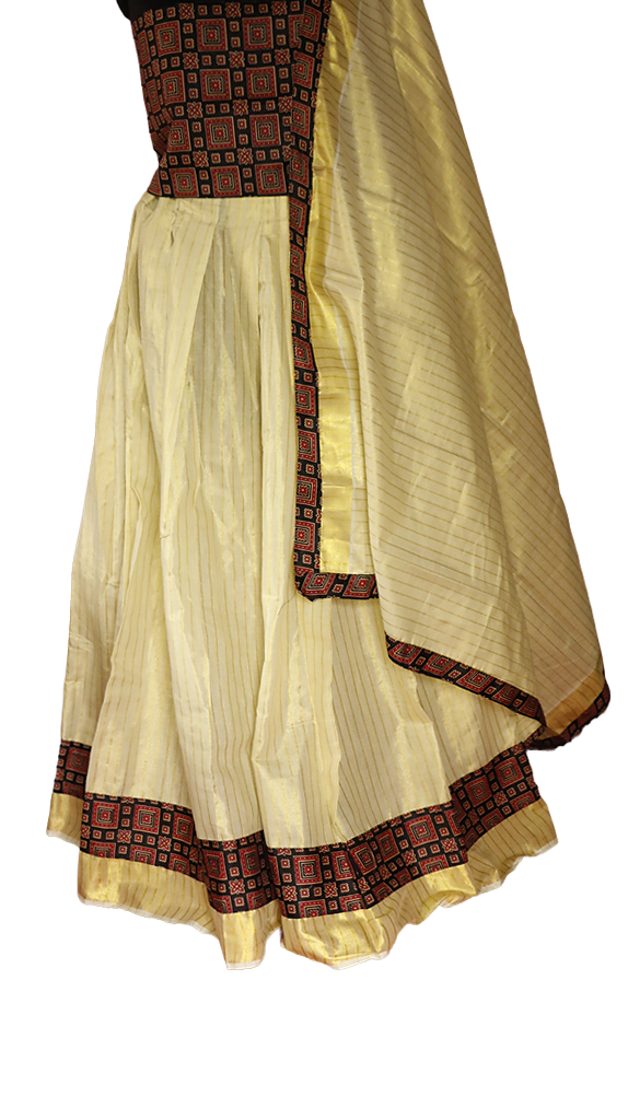 Ajrakh Bordered, Striped Kerala Tissue Kasavu Half Saree / Dhavani Set