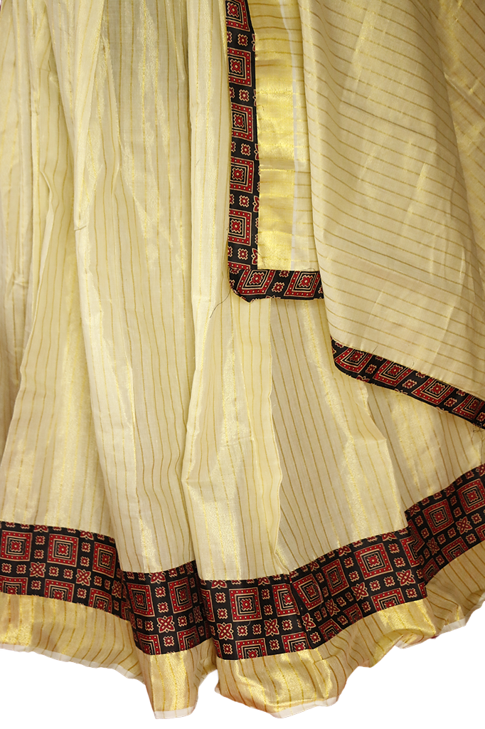 Ajrakh Bordered, Striped Kerala Tissue Kasavu Half Saree / Dhavani Set