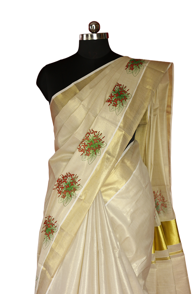 Red Ixora Chethi/Thechi Floral Printed Kerala Tissue Kasavu Saree