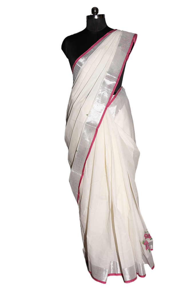 Pink and Green Floral Printed Kerala Cotton Saree with Pink and Silver Zari Border