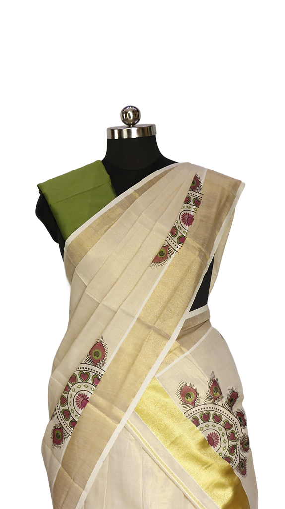Peacock Feather Print Kerala Golden Tissue Dhavani Set