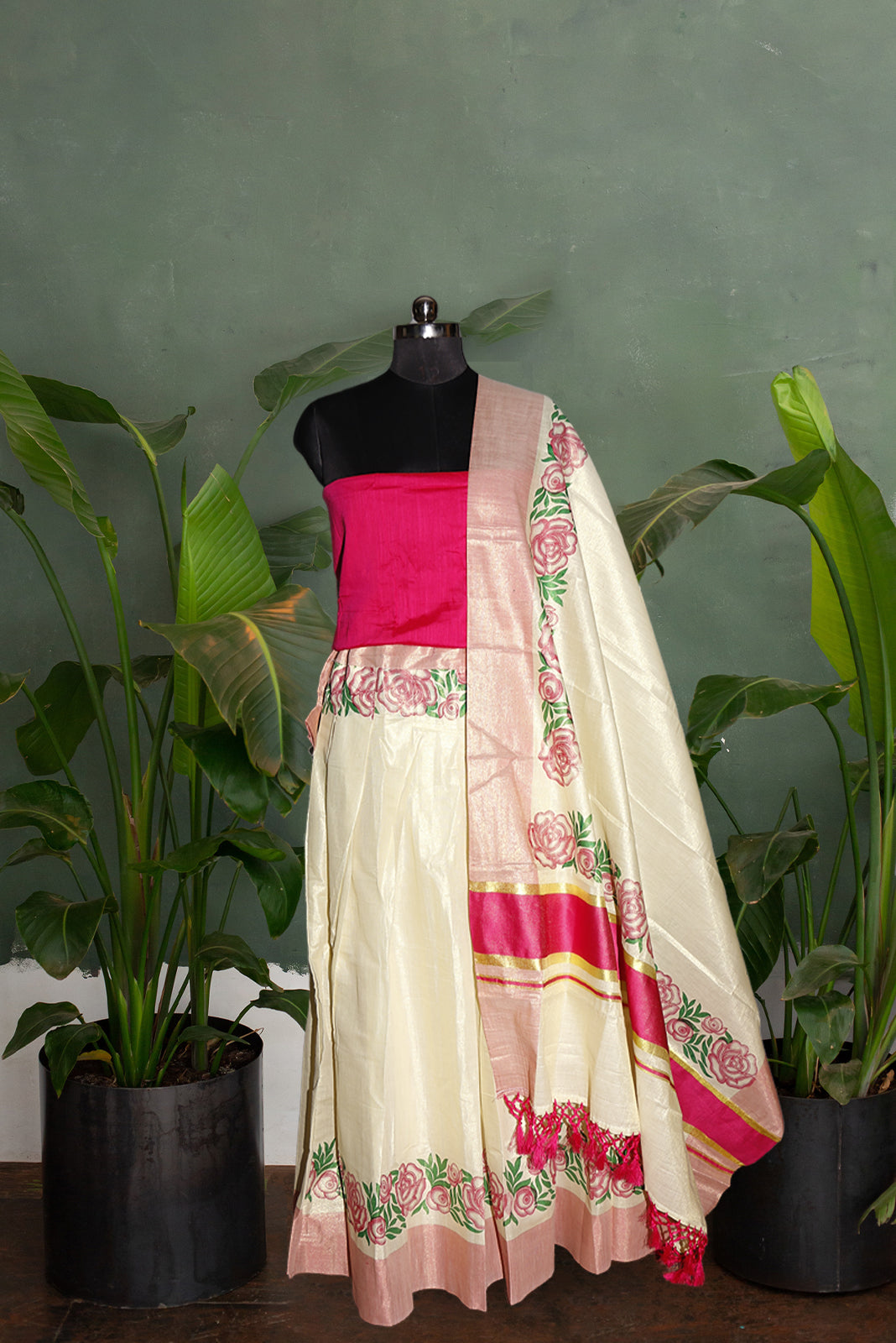 Pink and Green Floral Printed, Designer Kerala Tissue Kasavu Half Saree/Dhavani Set