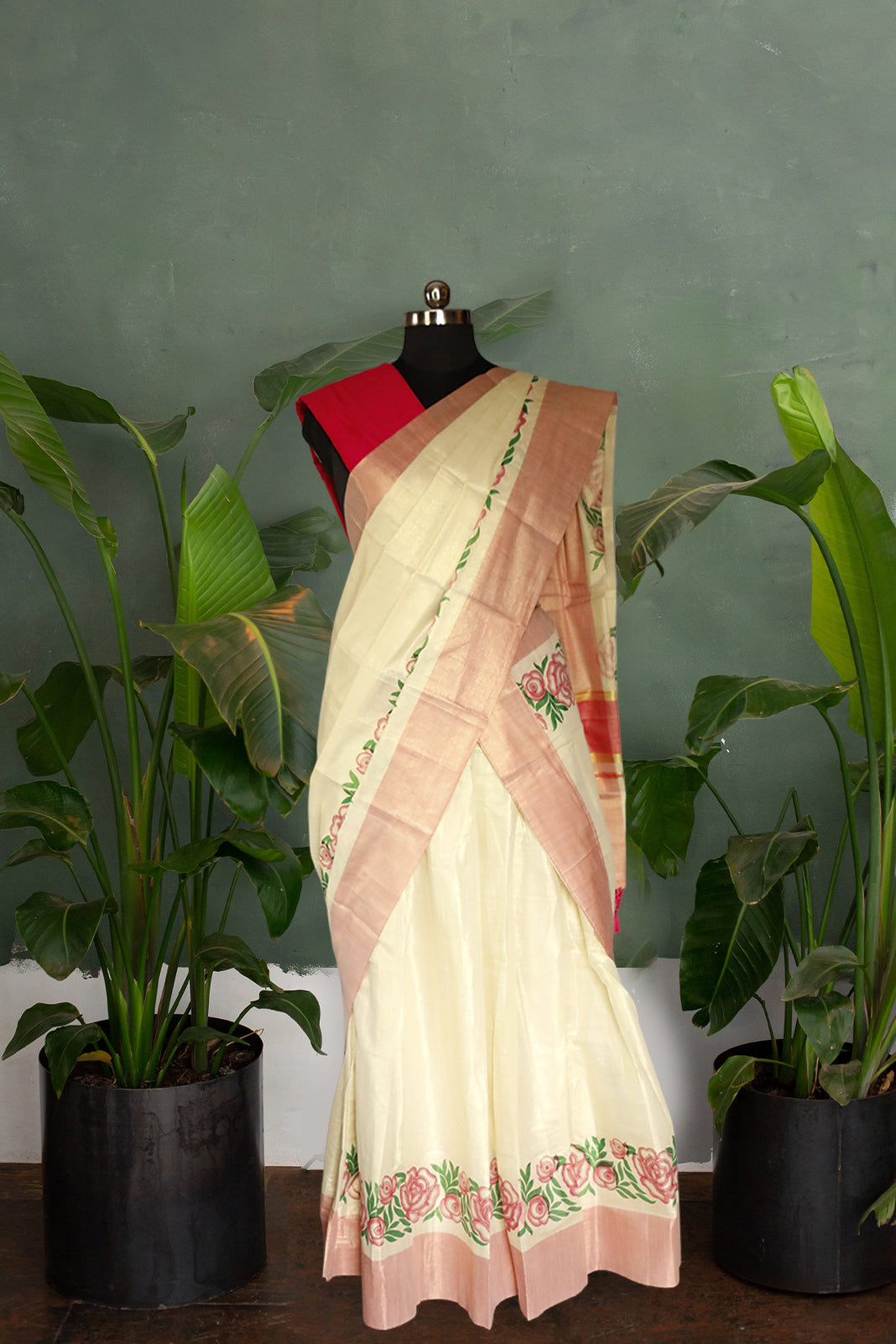 Pink and Green Floral Printed, Designer Kerala Tissue Kasavu Half Saree/Dhavani Set