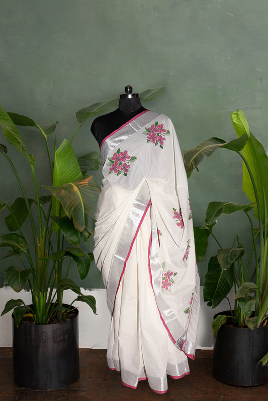 Pink and Green Floral Printed Kerala Cotton Saree