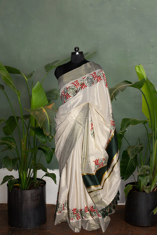 Green and Red Floral Printed Kerala Tissue Kasavu Saree