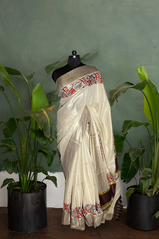 Coffee Brown and Red Floral Printed Kerala Tissue Kasavu Saree