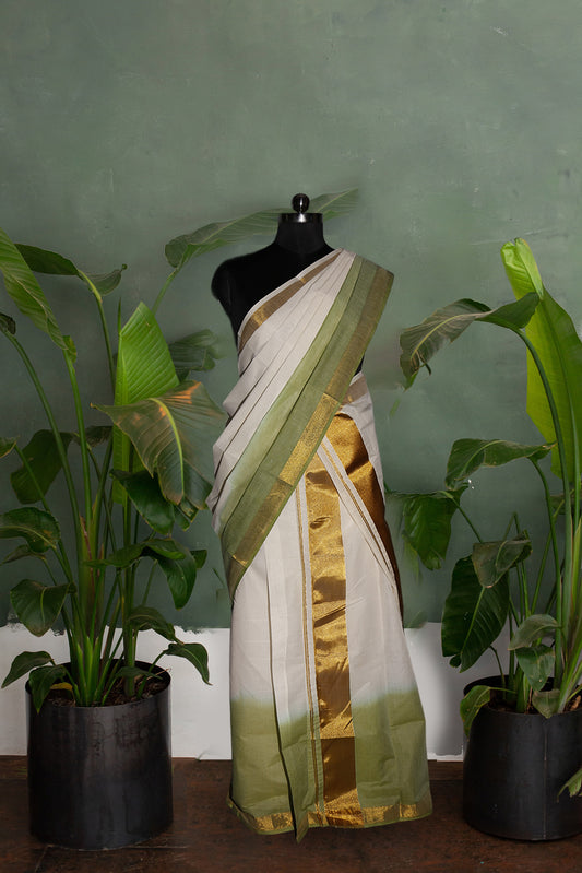 Tie & Dye Green Designer Kerala Cotton Kasavu Set Mundu