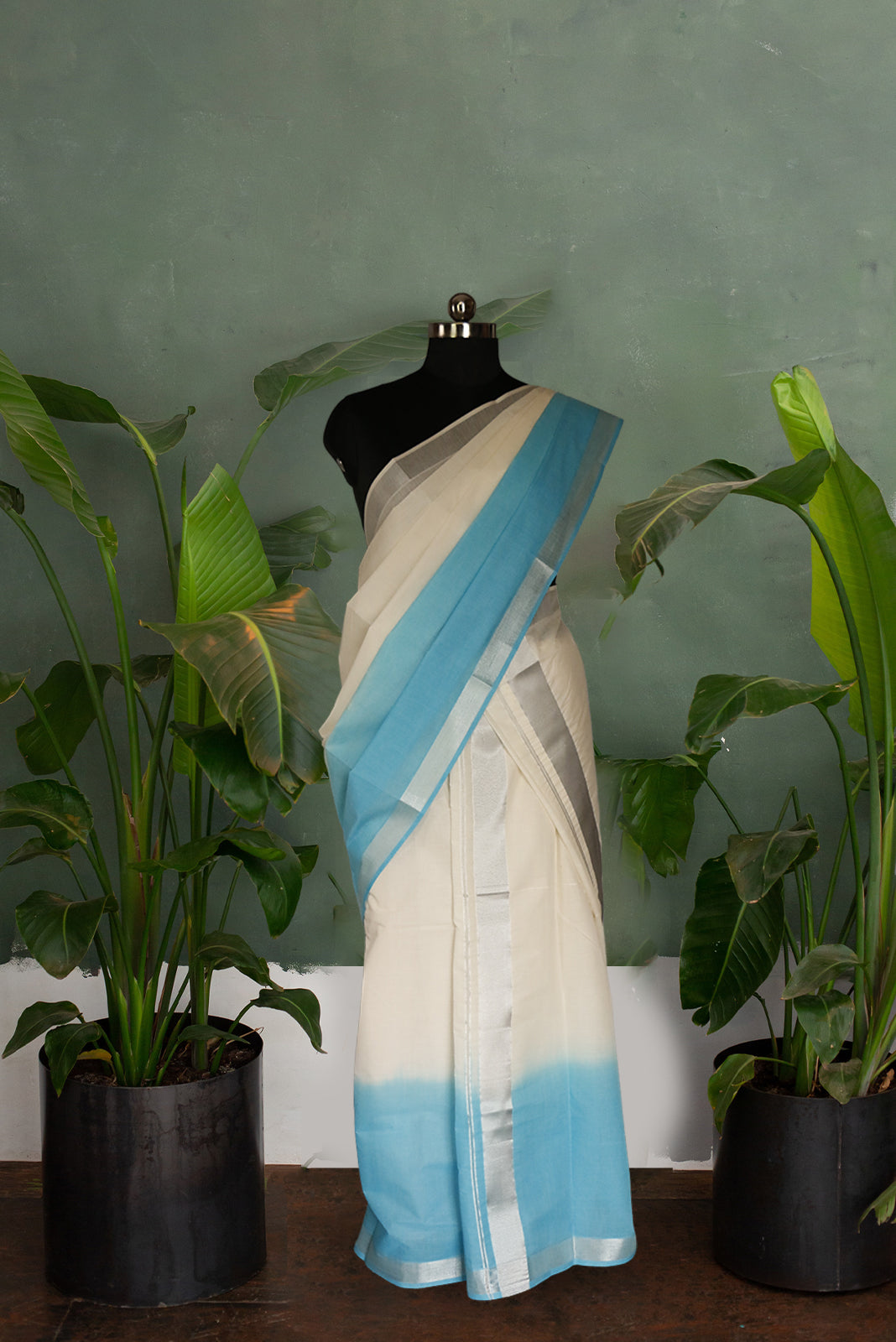 Tie & Dye Blue Designer Kerala Cotton Silver Kasavu Set Mundu