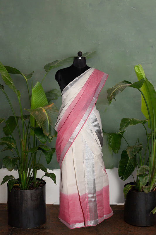 Tie & Dye Pink Designer Kerala Cotton Silver Kasavu Set Mundu