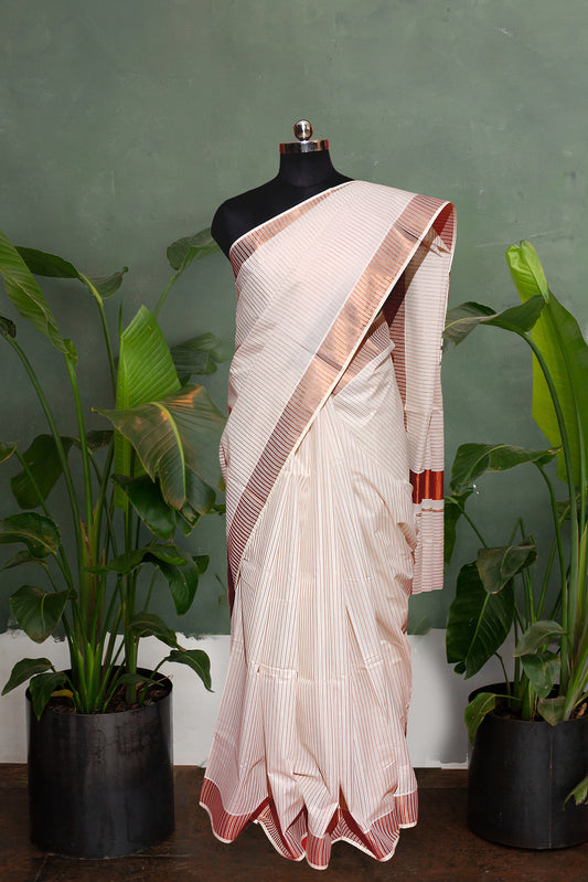 Copper Tissue Stripped Kerala Cotton Kasavu Saree