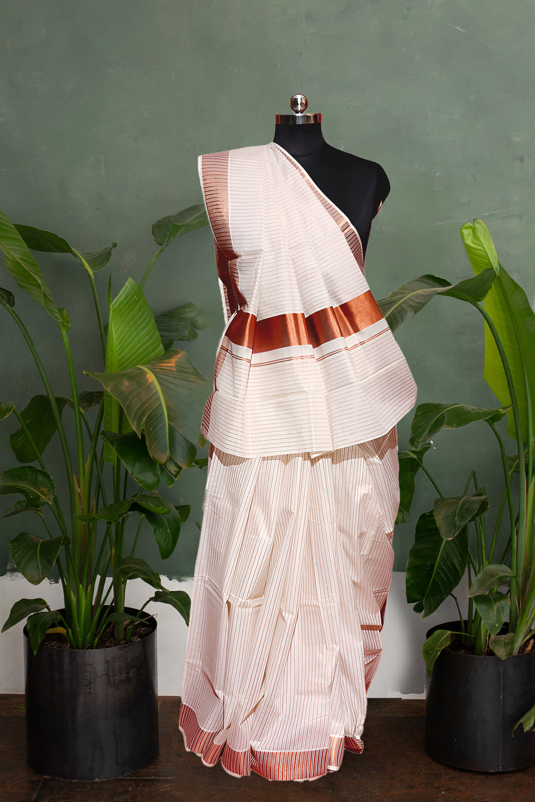 Copper Tissue Stripped Kerala Cotton Kasavu Saree