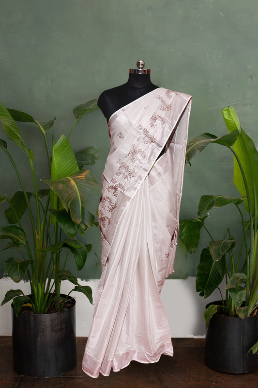 Copper Embroidered Rose Gold Kerala Tissue Kasavu Saree