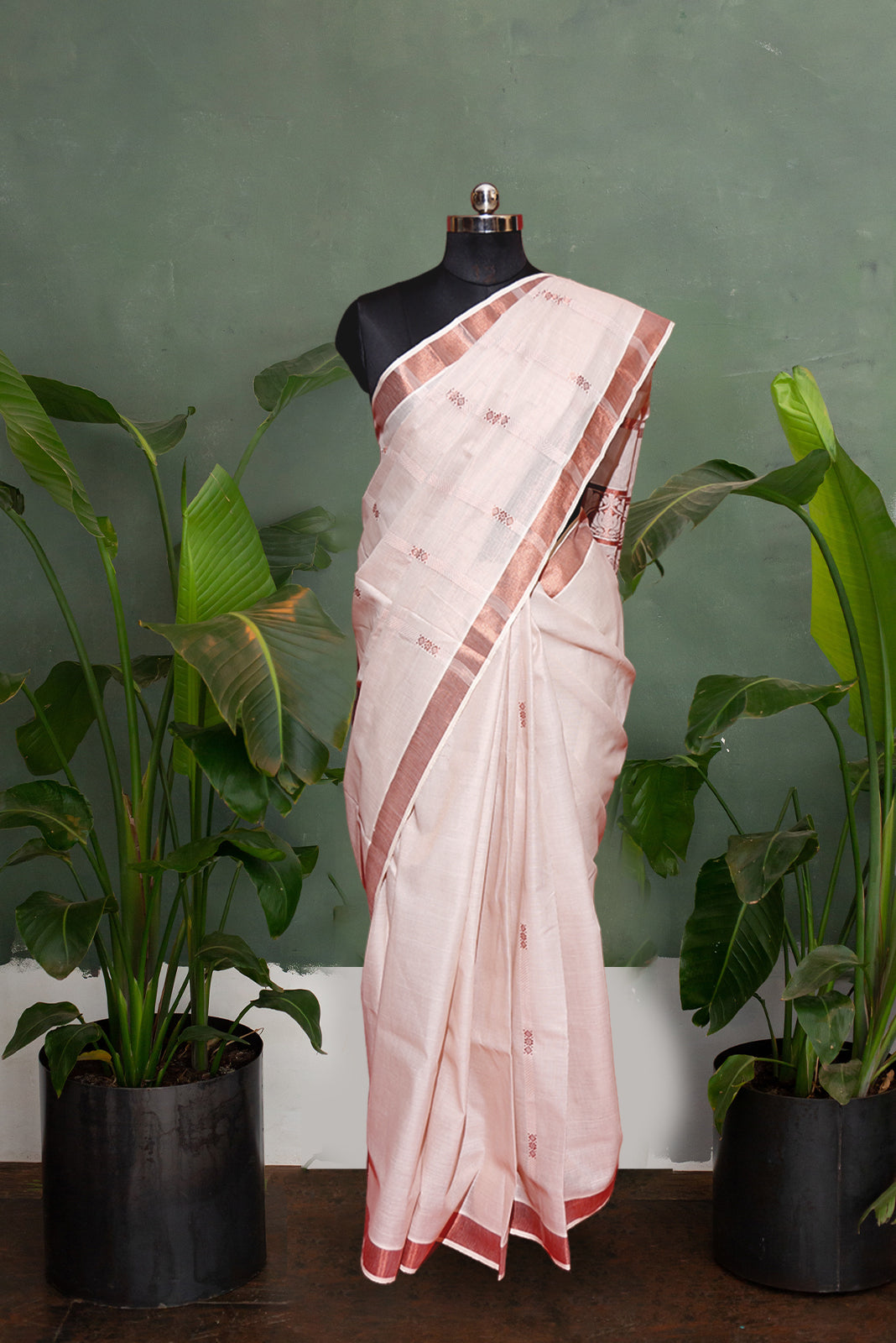 Designer Jaquared Work Copper Kerala Cotton Kasavu Saree