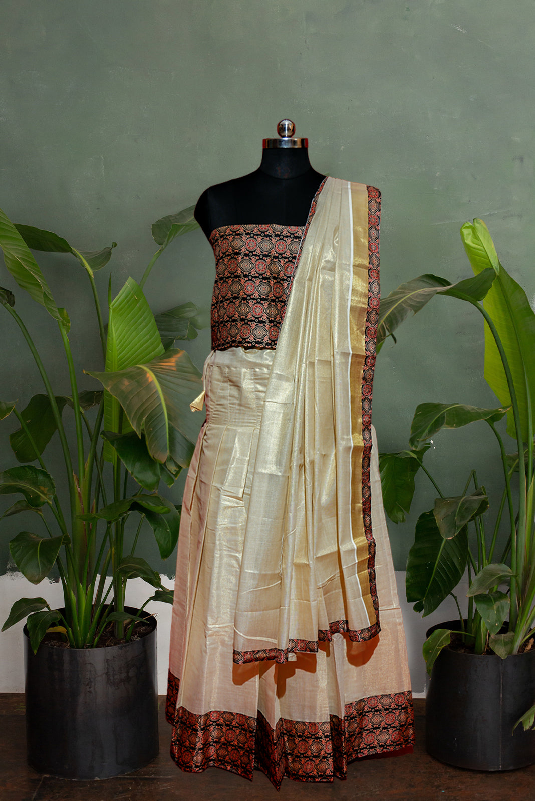 Ajrakh Bordered Designed Kerala Tissue Kasavu Half Saree / Dhavani Set