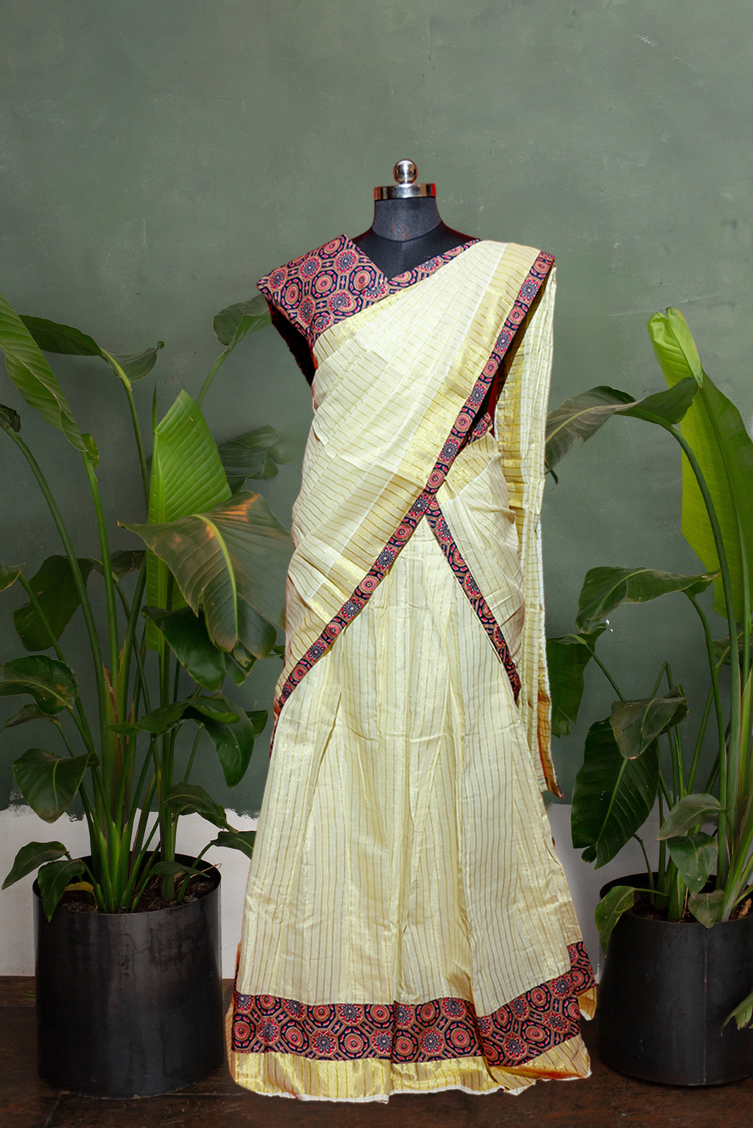 Ajrakh Bordered, Striped Kerala Tissue Kasavu Half Saree/Dhavani Set