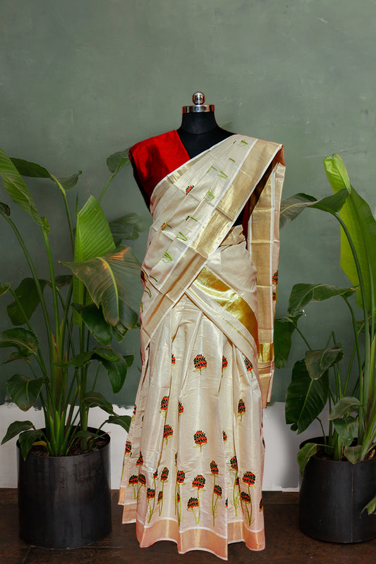 Green and Red Floral Embroidered, Designer Kerala Tissue Kasavu Half Saree / Dhavani Set