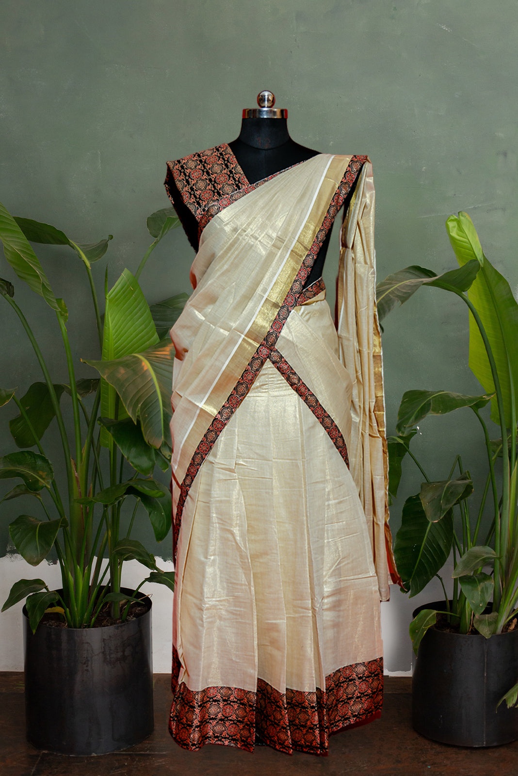 Ajrakh Bordered Designed Kerala Tissue Kasavu Half Saree / Dhavani Set