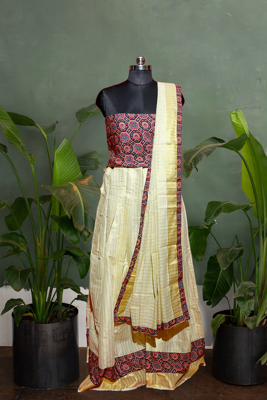 Ajrakh Bordered, Striped Kerala Tissue Kasavu Half Saree/Dhavani Set