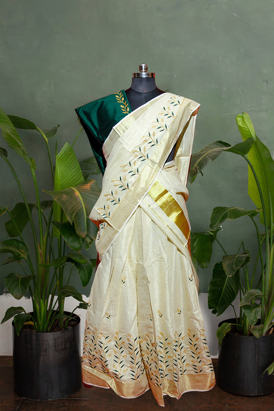 Green and Gold Embroidered, Designer Kerala Tissue Kasavu Half Saree / Dhavani Set