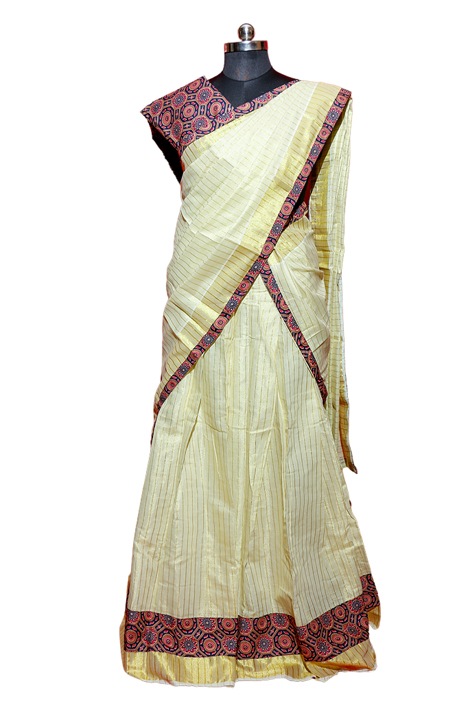 Ajrakh Bordered, Striped Kerala Tissue Kasavu Half Saree/Dhavani Set