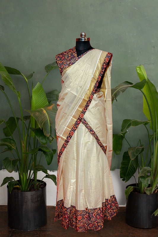 Ajrakh Bordered Designed Kerala Tissue Kasavu Half Saree / Dhavani Set