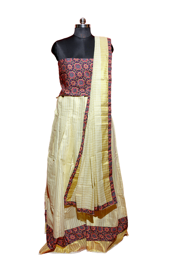 Ajrakh Bordered, Striped Kerala Tissue Kasavu Half Saree/Dhavani Set