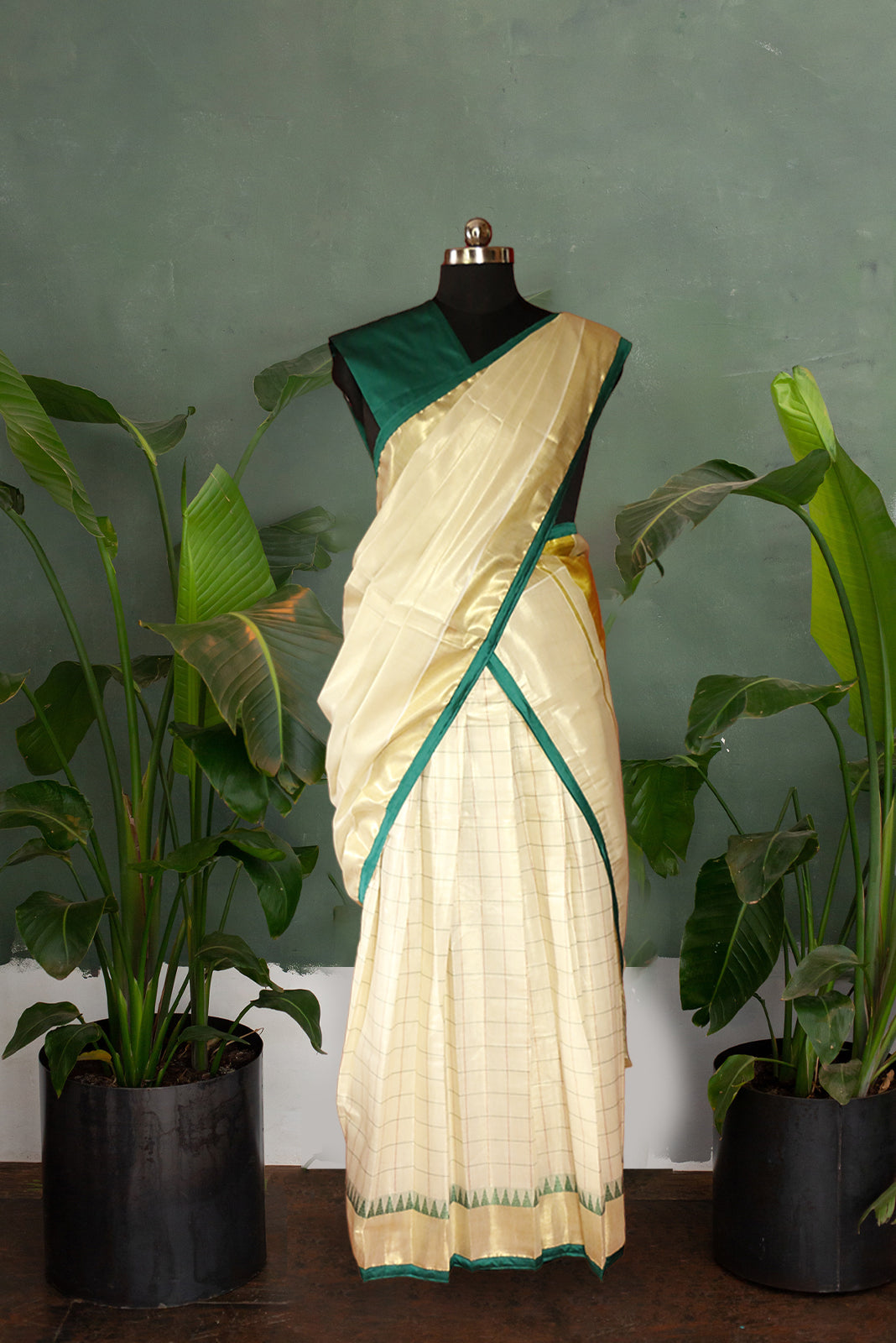 Checked Green Temple Bordered Kerala Tissue Kasavu Saree / Dhavani Set