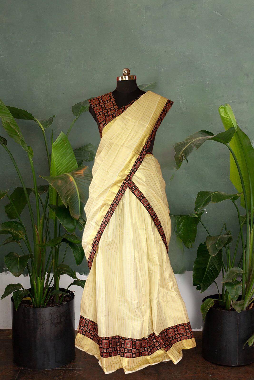 Ajrakh Bordered, Striped Kerala Tissue Kasavu Half Saree / Dhavani Set