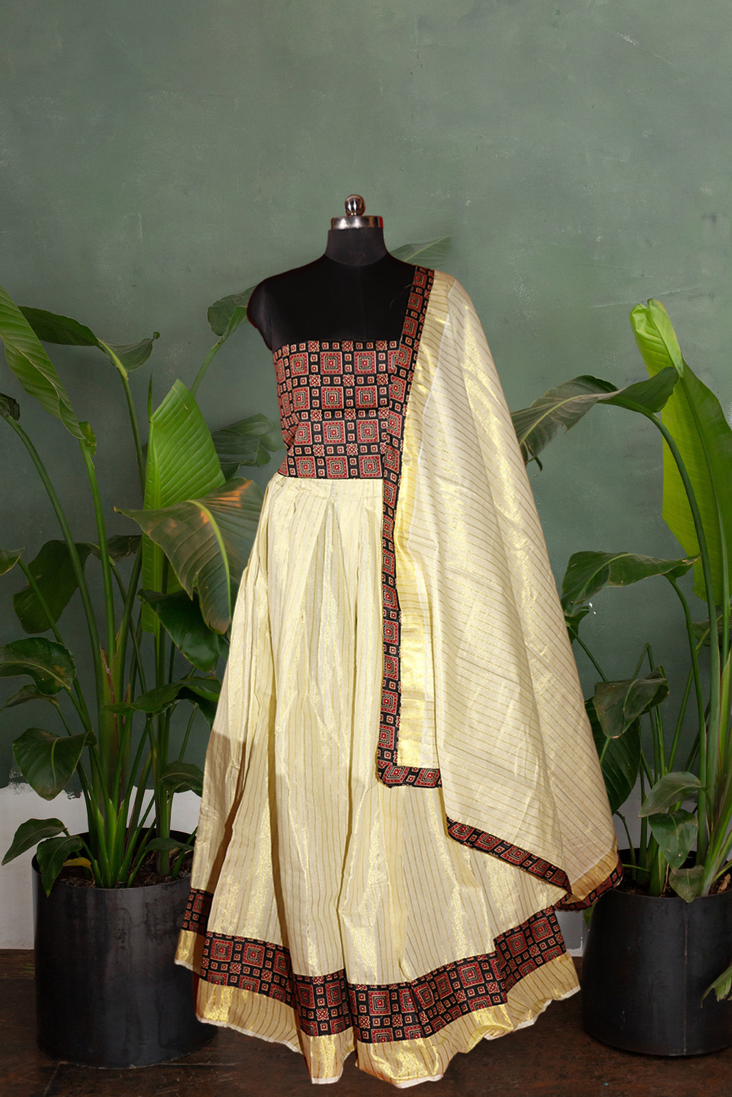 Ajrakh Bordered, Striped Kerala Tissue Kasavu Half Saree / Dhavani Set